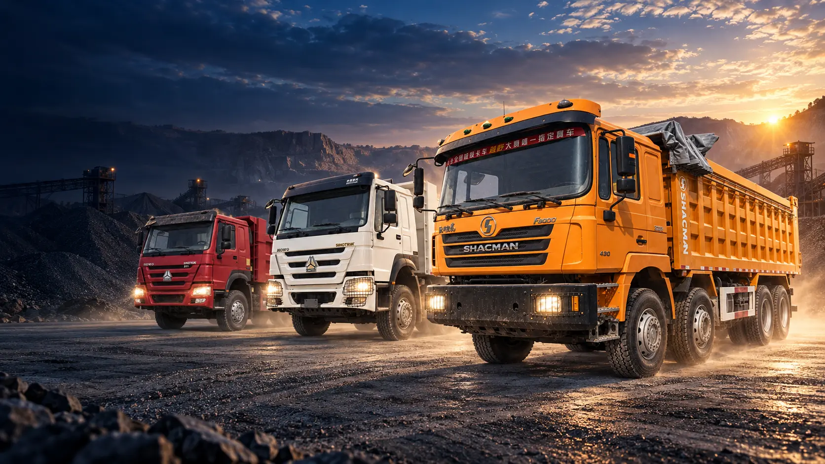 HOWO and SHACMAN dump trucks in a quarry
